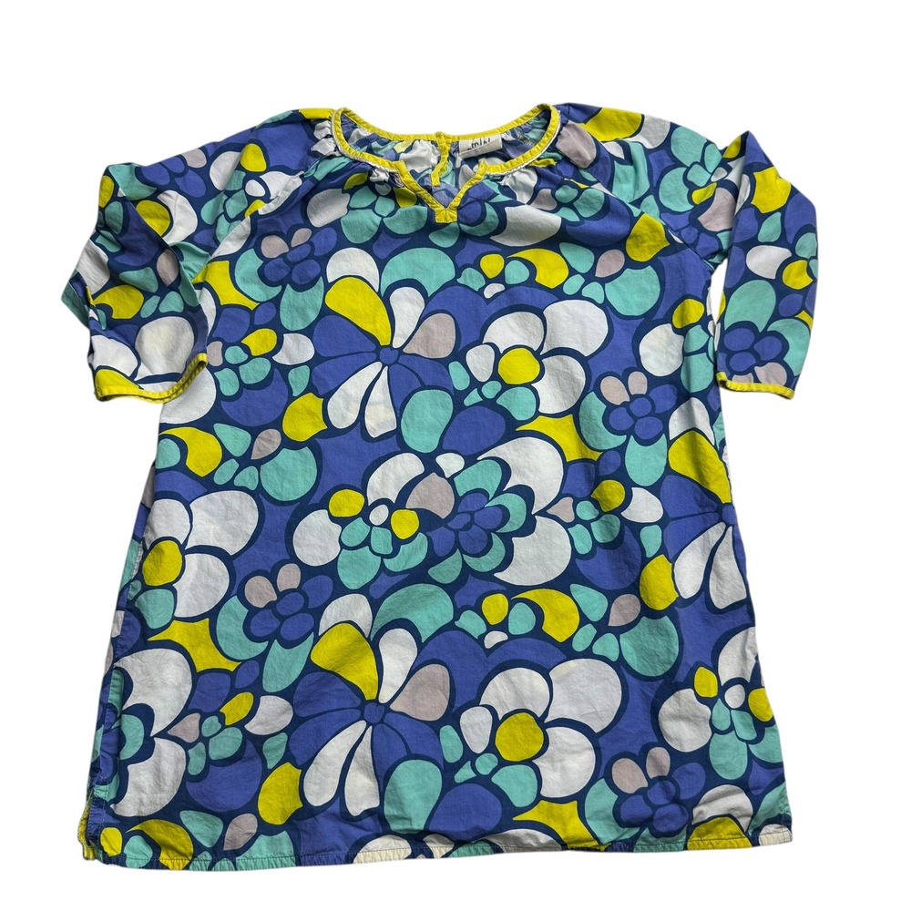 Mini Boden Girls Blue Yellow Floral Cotton Tunic Dress Size 9-10Y Retro Mod